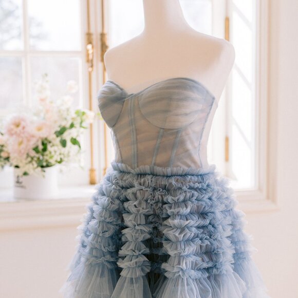its milla blue tulle ball gown dress w/ train sleeveless corset bodice S small - Picture 2 of 11